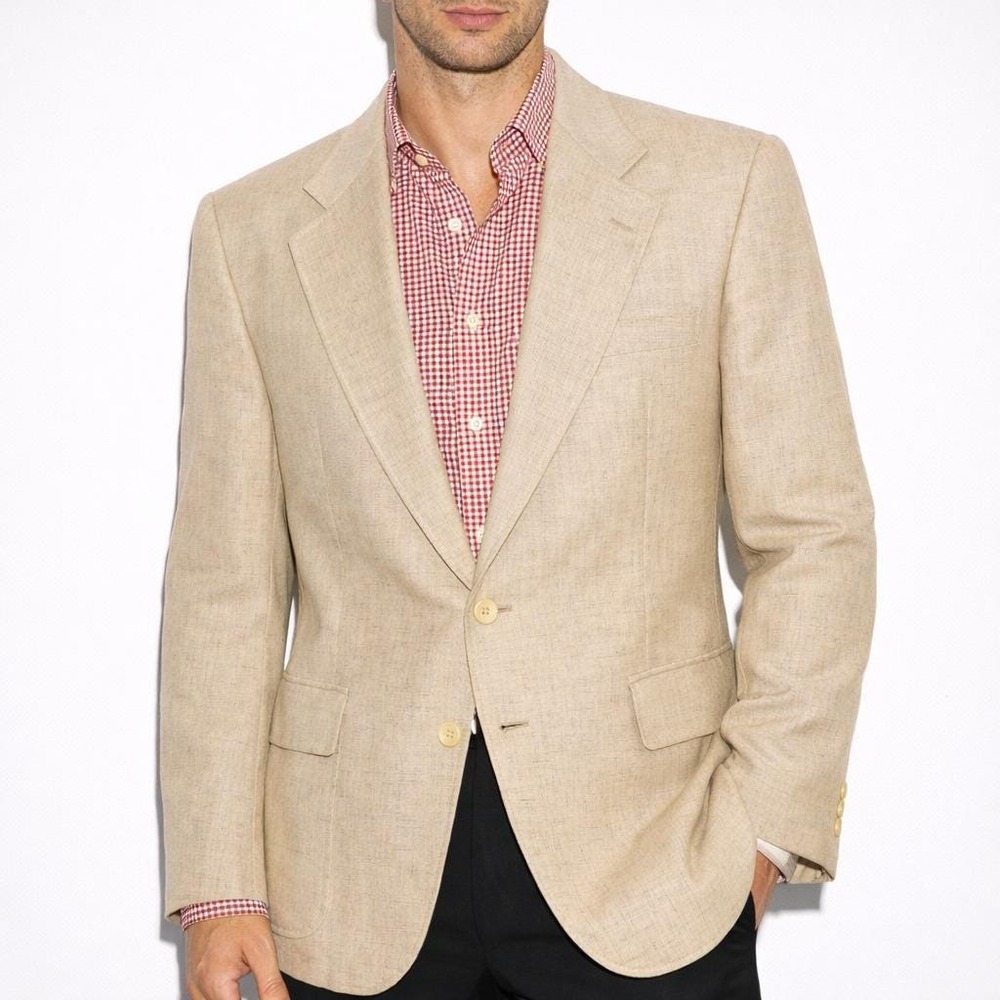 70s Vintage Beige 2 Button Sport Jacket Mens 42R 2 Button Linen Summer Blazer